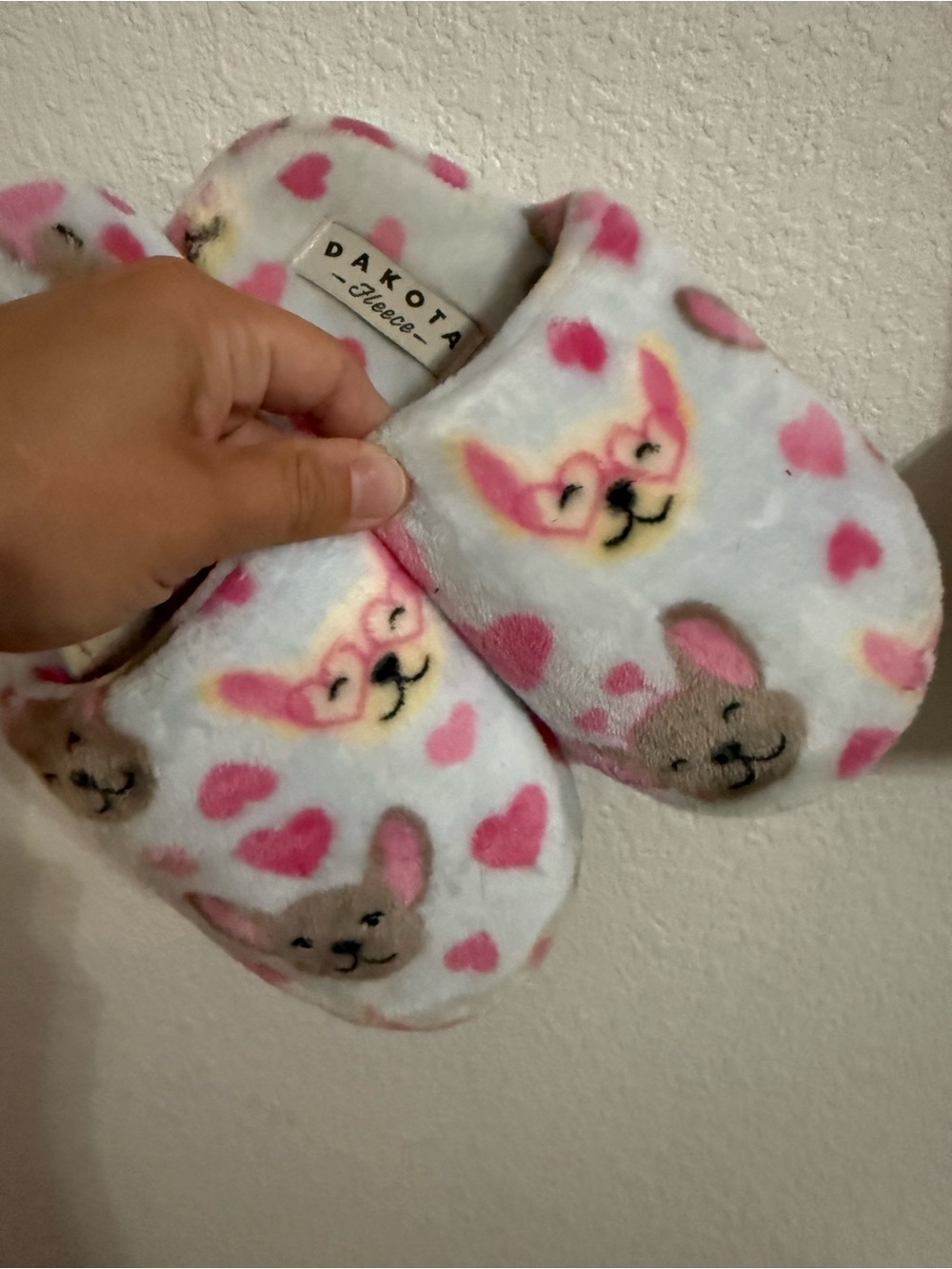 Dakota Flowers Plush Heart & frenchie Slippers - light blue  & Pink